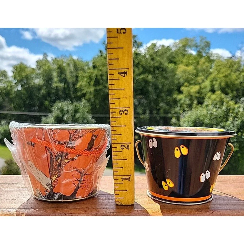 Vtg The Tin Box Company Halloween Metal Box Round Cat Pumpkin Witch & small tins